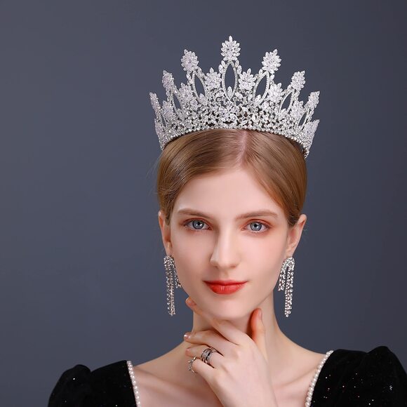9531 Silver Tall Wedding Tiaras Luxury Cubic Zirconia Quinceanera Crowns CZ
